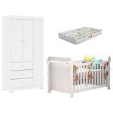 Berço Americano Lara E Guarda Roupa Duda 3 Portas Branco Brilho Com Colchão Gazin