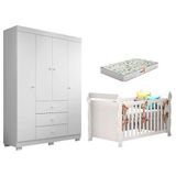 Berço Americano Lara E Guarda Roupa Duda 4 Portas Branco Brilho Com Colchão Gazin