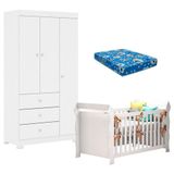 Berço Americano Lara E Guarda Roupa Duda 3 Portas Branco Brilho Com Colchão Ortobom