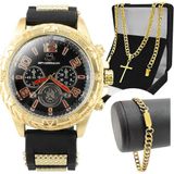 Relogio Masculino Banhado + Pulseira + Cordão Crucifixo Pulseira Ajustavel Grumet Religioso Preto