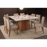 Sala De Jantar Completa Itália Tampo Madeirado C/ Vidro Curvo 136x136cm E 8 Cadeiras Julia Freijo/off White - Suede Kraft - Dj Móveis