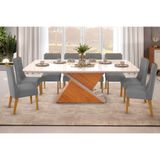Sala De Jantar Completa Zafira Tampo Madeirado C/ Vidro Curvo 200x100cm E 8 Cadeiras Jade Cedro/off White - Suede Lunar - Dj Móveis