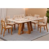 Sala De Jantar Completa Celeste Tampo Madeirado C/ Vidro Retangular 160x90cm E 6 Cadeiras Talia Freijo/off White - Suede Creme - Dj Móveis