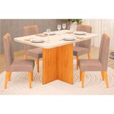 Sala De Jantar Completa Hera Tampo Madeirado C/ Vidro Reto 120x90cm E 4 Cadeiras Lia Cedro/off White - Suede Kraft - Dj Móveis