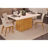 Sala De Jantar Completa Canes Tampo Madeirado C/ Vidro Curvo 170x90cm E 6 Cadeiras Vitória Cedro/off White - Ipe/linho Neve - Dj Móveis