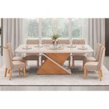 Sala De Jantar Completa Zafira Tampo Madeirado C/ Vidro Curvo 200x100cm E 8 Cadeiras Jade Off White - Freijo/suede Kraft - Dj Móveis