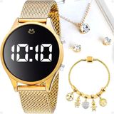 Relogio Feminino Digital Banhado Dourado + Pulseira + Brinco + Colar Qualidade Premium Presente Moda