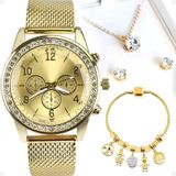 Relogio Feminino Aço Strass + Colar + Pulseira + Brincos Banhado Qualidade Premium Presente Dourado