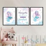 Kit 3 Quadros Menina - Sereias Sonhos 24x18cm - Com Vidro