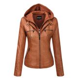 Jaqueta Springrain De Couro Sintético Moto Biker Com Capuz Feminina Marrom
