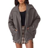 Jaqueta De Couro Automet Oversized Faux Suede Para Mulheres Cinza L
