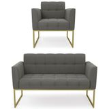 Sofá Namoradeira E 1 Poltrona Base Industrial Dourado Ana Suede Grafite - Ibiza