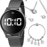 Relogio Feminino Preto Digital Aço + Colar + Brincos + Caixa Pulseira Ajustavel Black Piano Academia