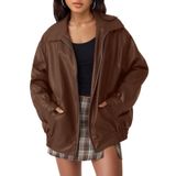Jaqueta De Couro Automet Oversized Faux Suede Caramel Para Mulheres