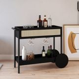 Carrinho Bar 1 Gaveta 112cm Com Porta Taças Palhinha Pé Madeira Oslo Nero/preto