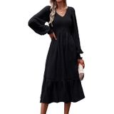 Vestidos Femininos De Primavera Prettygarden 2024, Manga Comprida, Decote Em V, Vestido Midi Com Babados, Boho, Chiffon, Fluido (preto, Médio)