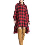 Camisa, Vestido Feminino, Xadrez, Decote Em V, Manga Comprida, Vermelho