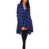 Camisa, Vestido Feminino, Xadrez, Bainha Irregular, Azul