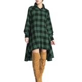 Camisa, Vestido Feminino, Xadrez, Decote Em V, Manga Comprida, Verde