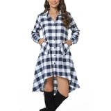 Camisa, Vestido Feminino, Xadrez, Decote Em V, Manga Comprida, Azul, Branco