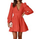Vestido Faiable Mini Deep Com Decote Em V E Manga Comprida Para Mulheres, Laranja