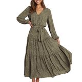 Vestido Maxi Prettygarden Floral De Manga Comprida Para Mulheres Verde