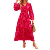 Vestido Maxi Feminino Prettygarden, Floral De Outono, Chiffon Vermelho