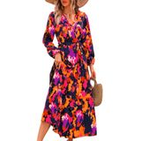 Vestido Maxi Feminino Prettygarden, Floral De Outono, Chiffon, Azul, Laranja