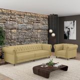 Conjunto 1 Sofá Living 260cm E 1 Poltrona Stanford Chesterfield Pés Madeira Couro Bege G58 Gran Belo
