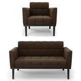 Sofá Namoradeira E 1 Poltrona Base Madeira Preto Ana Suede Marrom - Ibiza