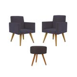 Jogo 02 Poltronas Decorativas + Puff Redondo Oferta Cor: Cinza
