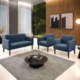 Conjunto 2 Poltronas E 1 Namoradeira Decorativa Isabella Pés Fixo Em Madeira Preto Suede Azul Marinho G19 - Gran Belo