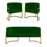 Kit 2 Poltronas + Sofá 2 Lugares Base De Metal Gold Balaqui Verde Verde