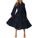 Vestido Mascomoda 2024, Outono, Manga Comprida, Decote Em V, Feminino, Azul Marinho