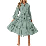 Vestido Feminino Mascomoda 2024, Outono, Manga Comprida, Verde Feijão Médio