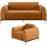 Kit Sofá 3 Lugares 180cm Com Poltrona Molino Base Castanho Pés D&#39;ouro D02 Couríssimo Whisky B-90 - Lyam Decor