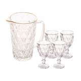 Jogo Jarra 1l Diamond Com 4 Taças De Vidro 325ml Fio De Ouro Borda Dourada Água Suco Lyor
