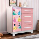 Cômoda Infantil Personagens Princesas 4 Gavetas 1 Porta Mdf Rosa