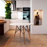 Mesa Redonda De Jantar Eames Eiffel 110cm Branca Base Madeira Maciça Branco