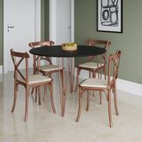 Mesa Com 4 Cadeiras Katrina Cobre Elen Hairpin 110cm Jantar Preta Base Cobre Marrom
