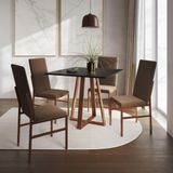 Conjunto De Jantar Mesa Mônaco Premium 90cm Preta Com 4 Cadeiras Estofadas Marrom Base Cobre Preto
