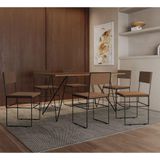 Mesa Jantar Retangular Industrial Trama 1,50x0,90m Amêndoa 6 Cadeiras Estofadas Marrom E Preto Vitór Marrom