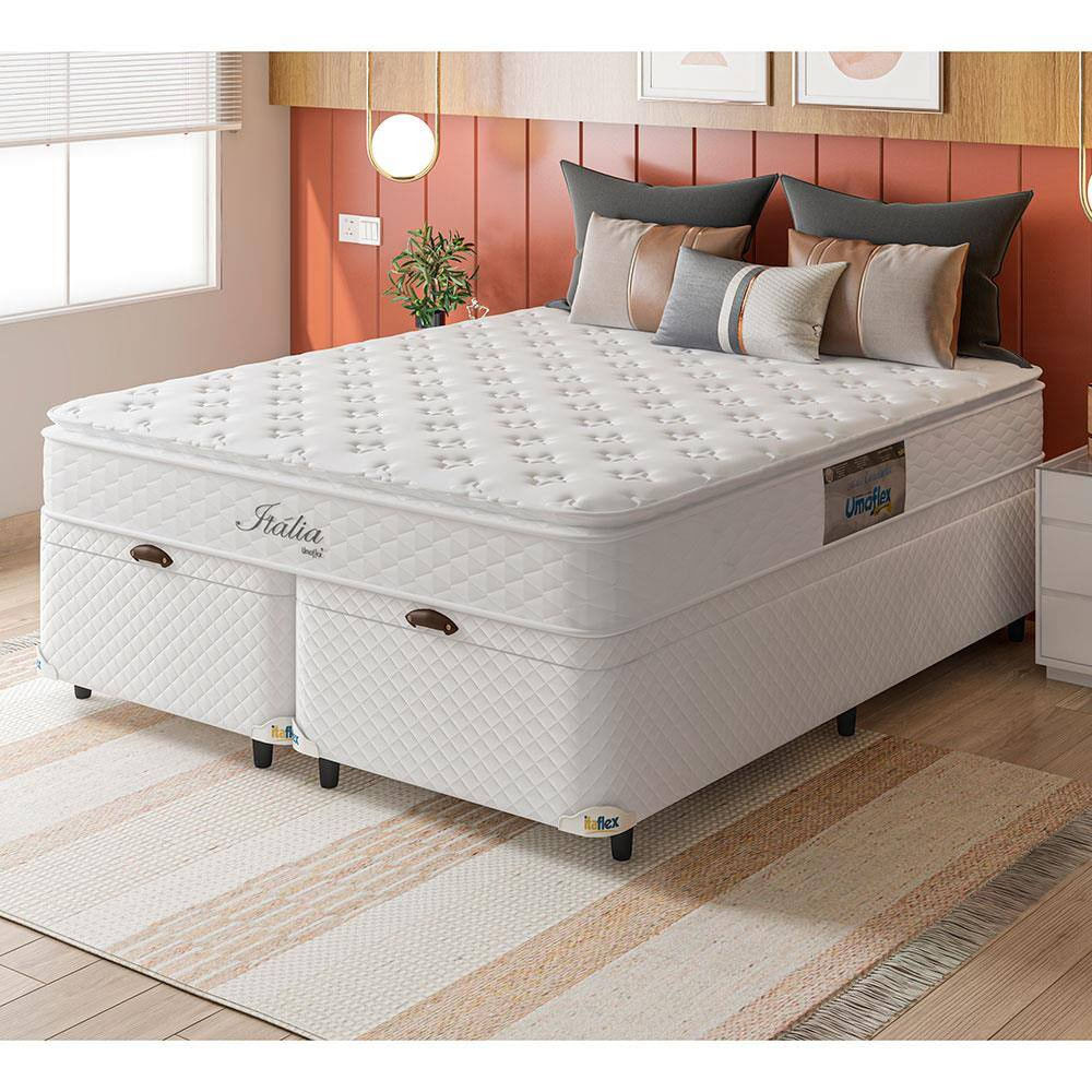 Cama Box Queen Size Com Colchão Umaflex Itália E Base Itaflex Universal Com Pillow Top, Molas Ensacadas E Baú