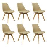 Kit 6 Cadeiras Charles Eames Leda Luisa Saarinen Design Wood Estofada Base Madeira - Bege