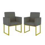 Kit 02 Cadeiras Poltronas Sala Quarto Base De Ferro Dourada Cinza