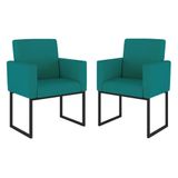 Kit 02 Cadeiras Poltronas Sala Quarto Base De Ferro Preto Azul Turquesa