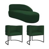 Kit Divã Luna 140cm Lado Direito E 02 Poltronas Base De Ferro Preto Suede Verde