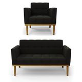 Namoradeira E Poltrona Base De Madeira Castanho Elisa Suede Preto D03 - D&#39;rossi