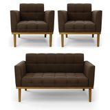Namoradeira E 2 Poltronas Base De Madeira Castanho Elisa Suede Marrom D03 - D&#39;rossi