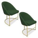 Kit 02 Cadeiras Poltrona De Jantar Bela Suede Base Metálica Industrial Dourado - Pallazio Verde